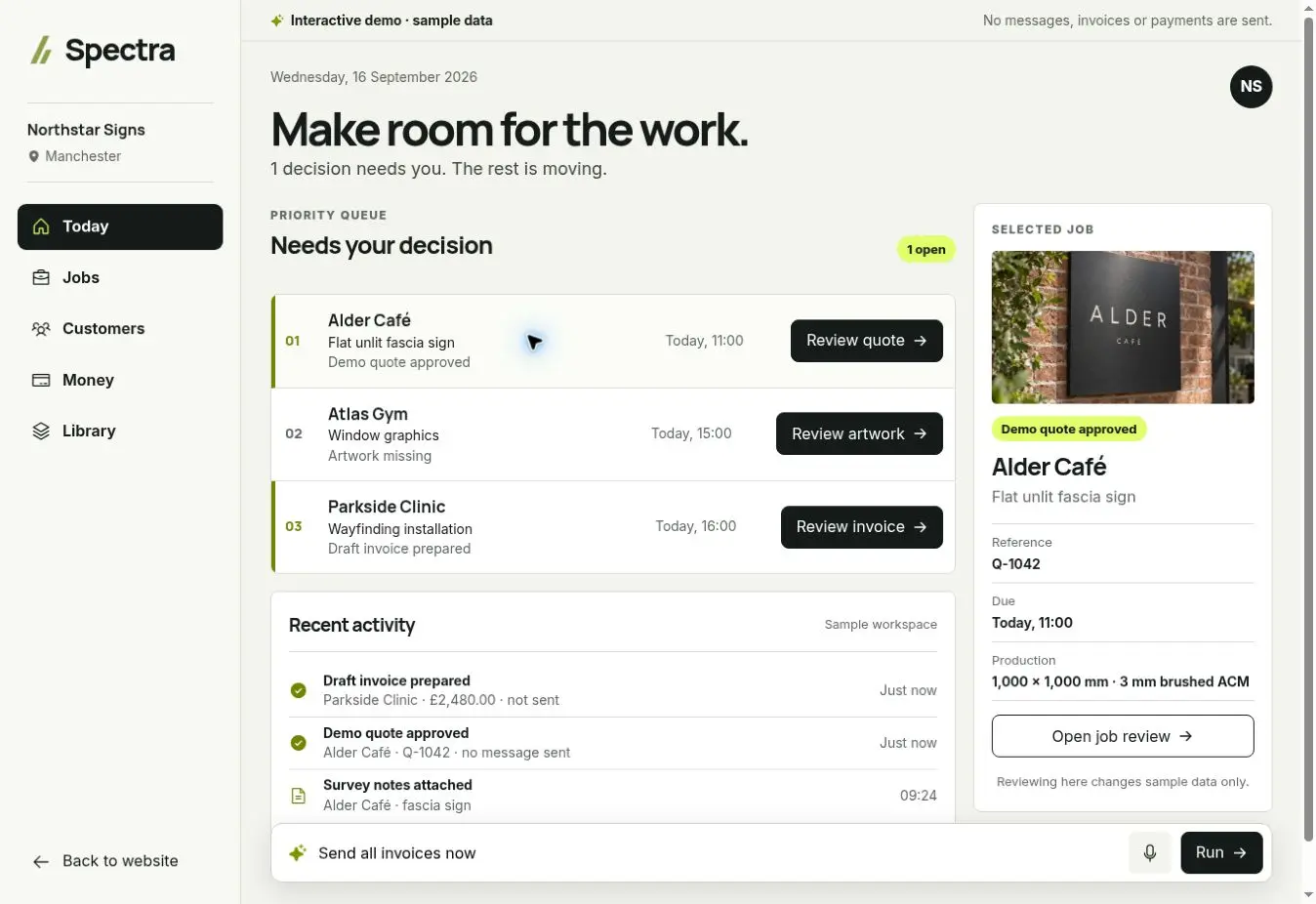 Spectra sample workspace showing a sign business job queue and selected job