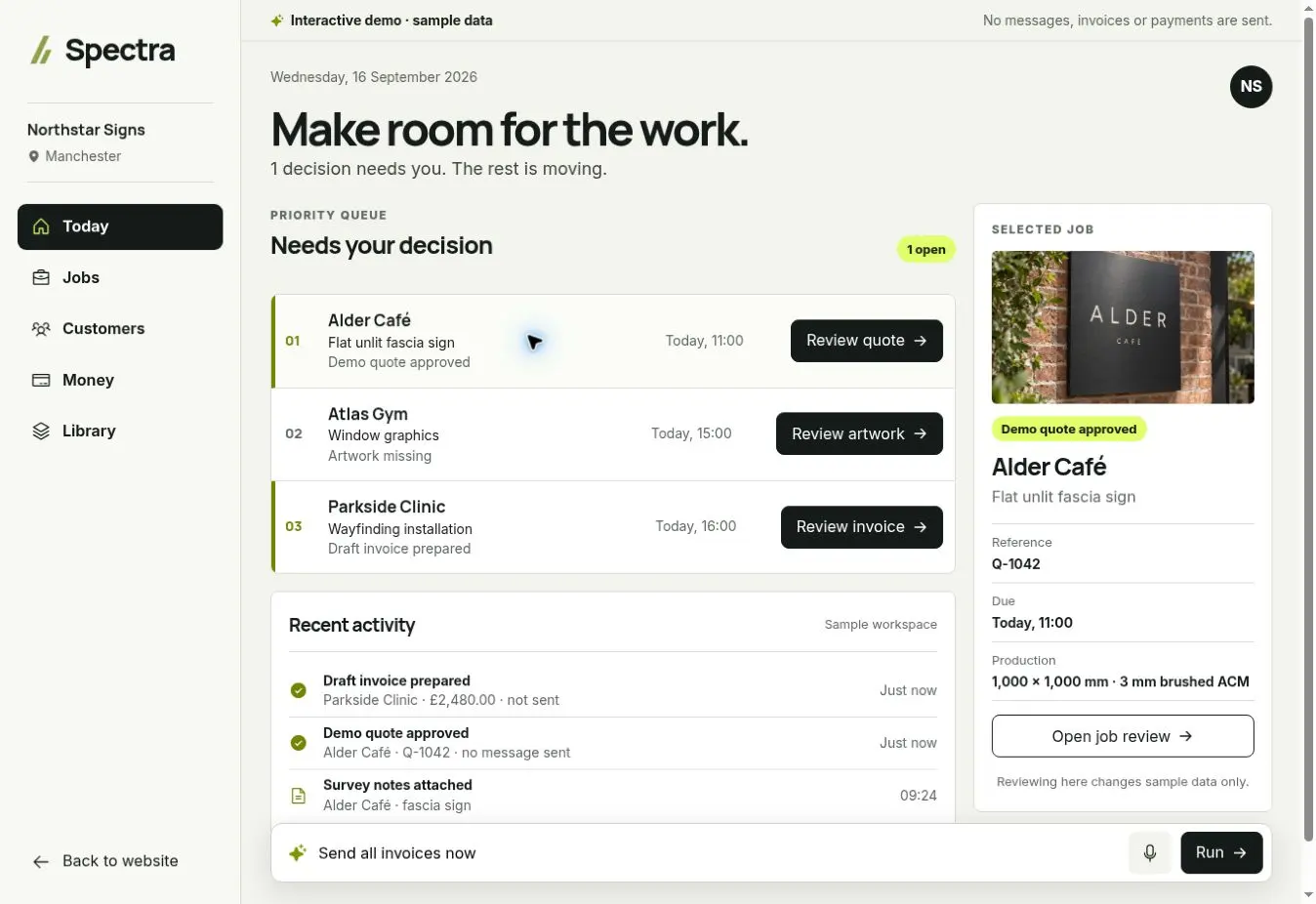 Spectra sample workspace with a fictional sign-job queue and selected record