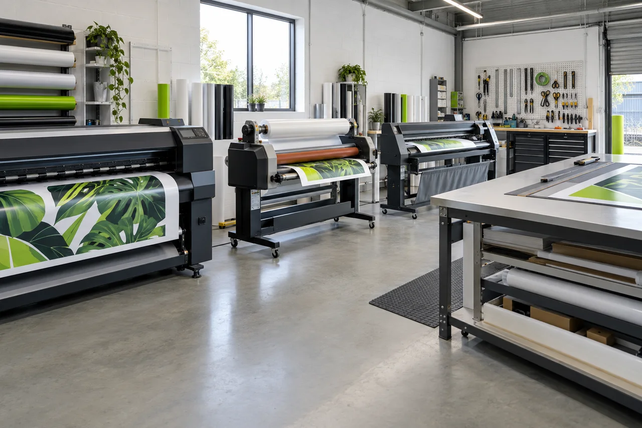 Compact sign workshop with printer, laminator, cutter and finishing table