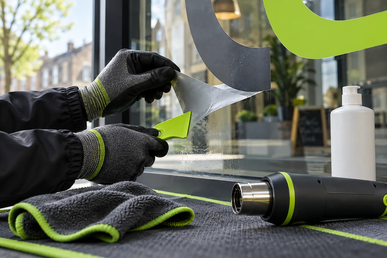 Gloved hands lifting vinyl from a glass window using a plastic scraper with cleaning tools nearby